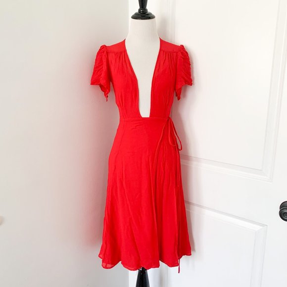 Reformation Deep V Neckline Frances Cherry Red Dress - Picture 2 of 5